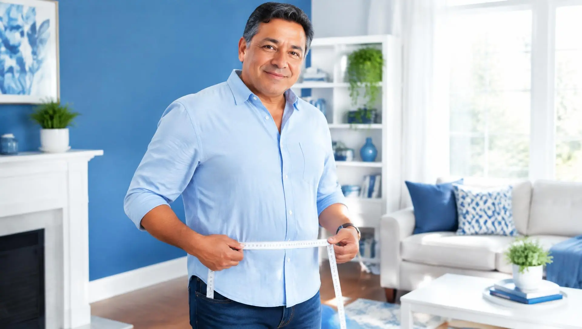 Hombre sonriente midiendo su cintura sobre su ropa
