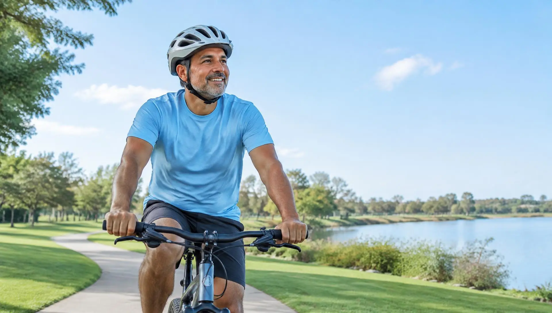 Hombre en bicicleta por un parque durante la mañana