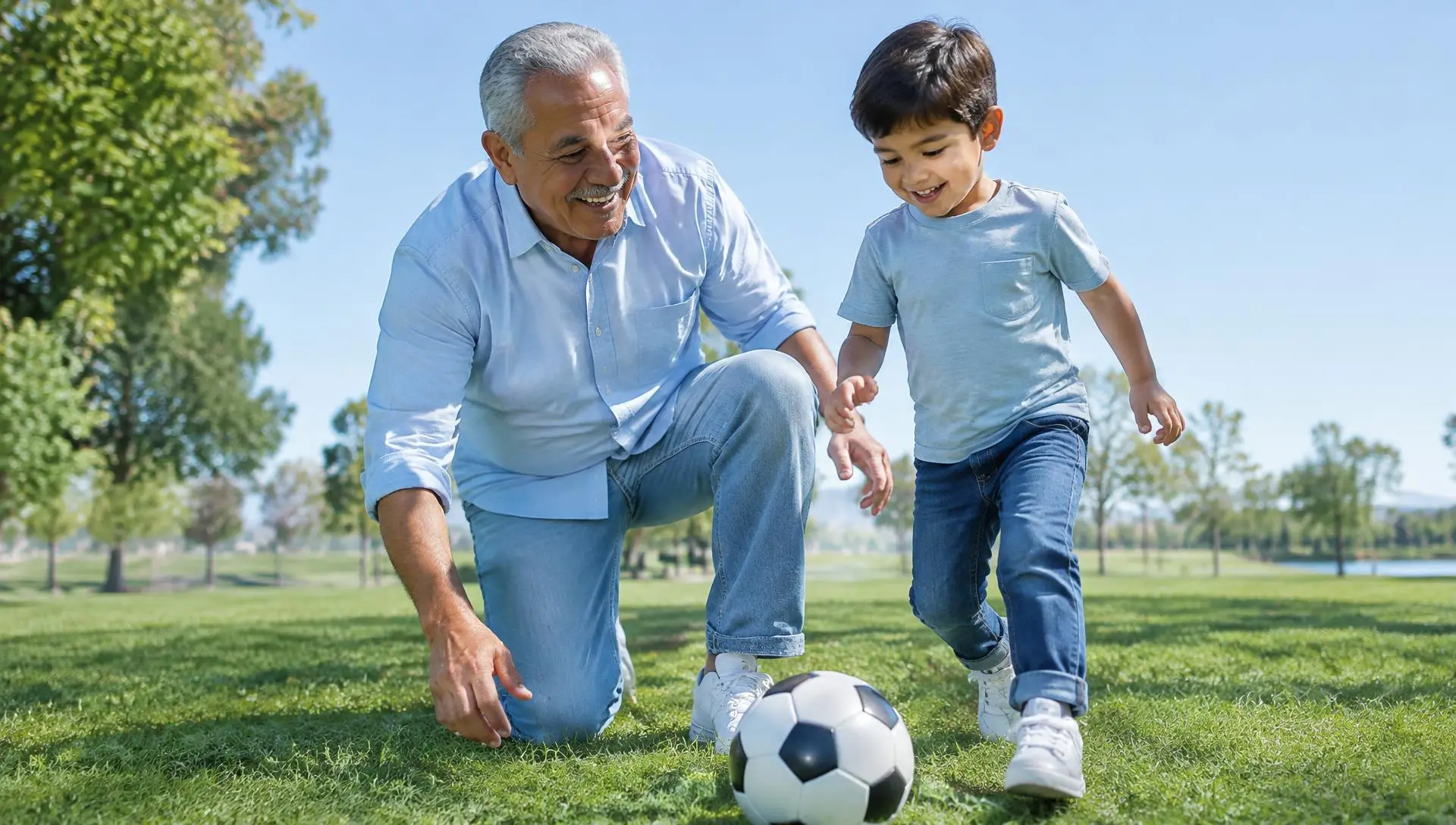 Abuelo jugando con su nieto en un parque