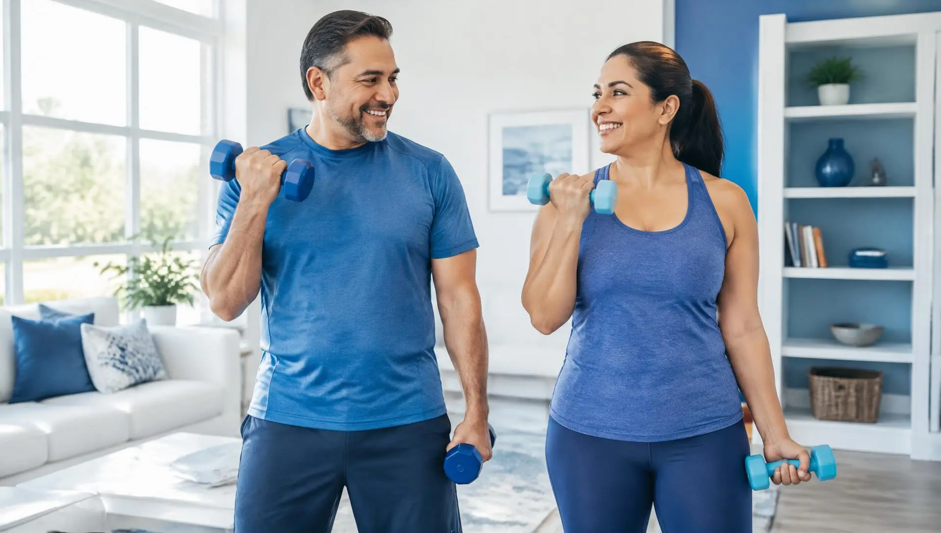 Pareja entrenando juntos en casa