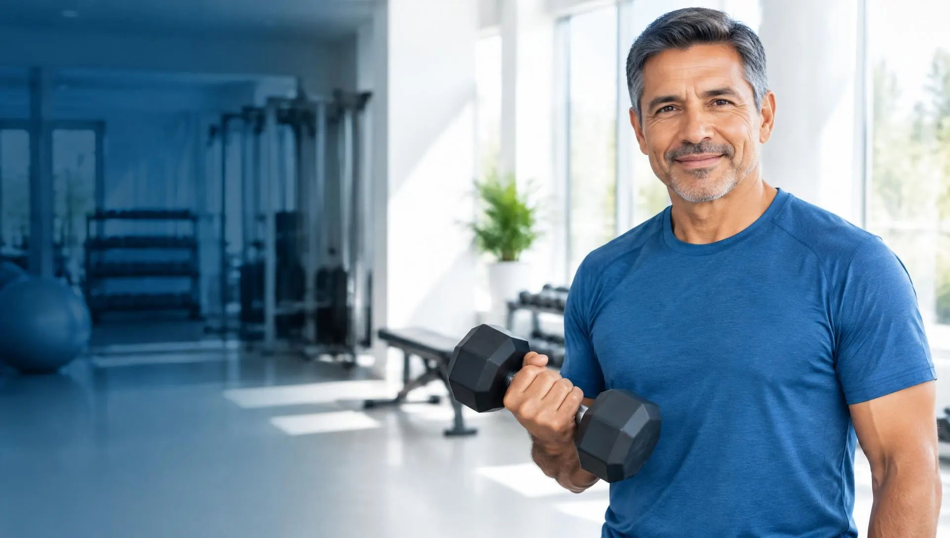 Hombre hispano de mediana edad en un gimnasio luminoso
